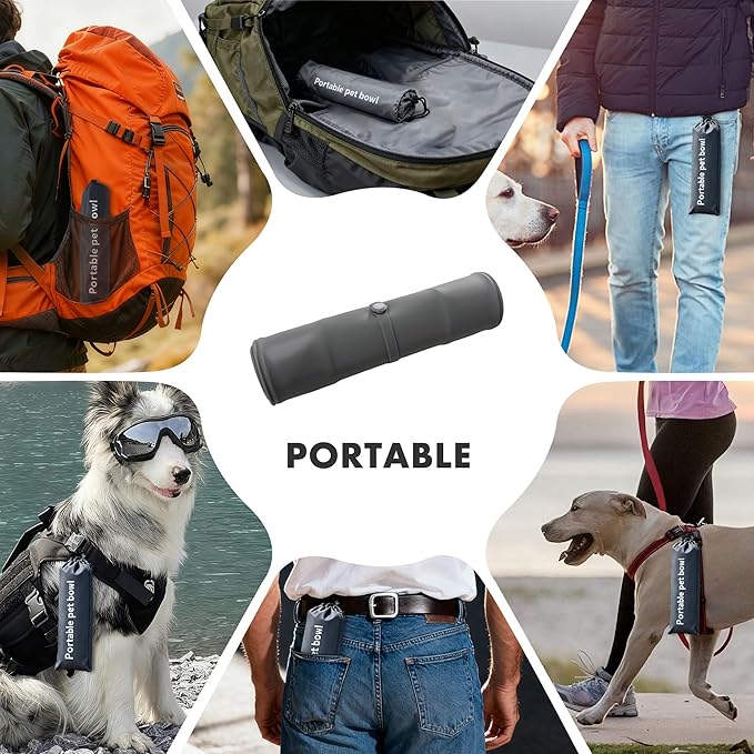Silicone Collapsible Dog Bowl,2-in-1 Travel Dog Bowls Portable Pet Food & Water Bowls for Walking Camping Hiking Traveling with Storage Bag (Grey)