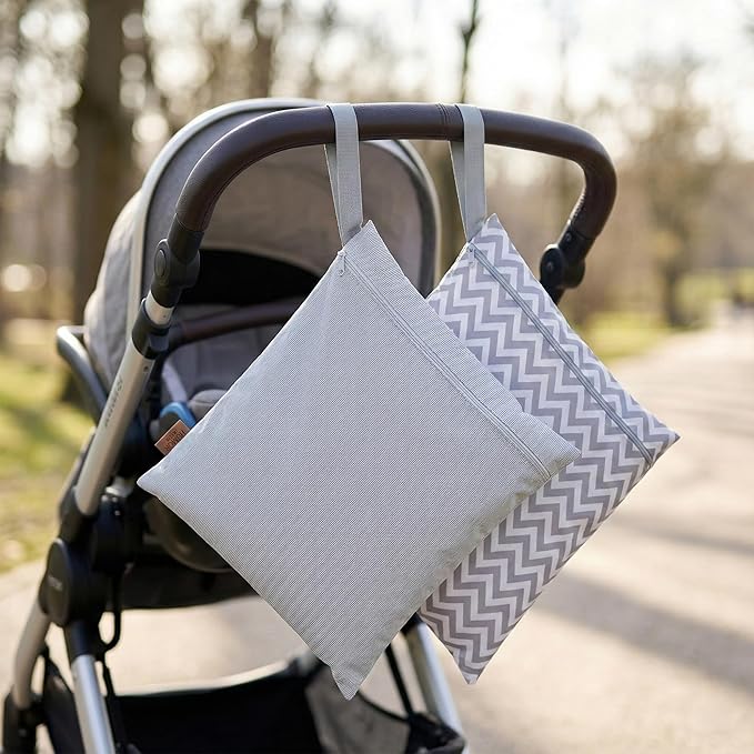 Hamur Wet Bag Set – 2 Pack Reusable Waterproof & Mess-Proof Bags (1 Large 12.6×14.6 in) | Washable at 40 °C, Lightweight Storage for Baby, Travel & Gym Essentials(Zigzag -Gray)