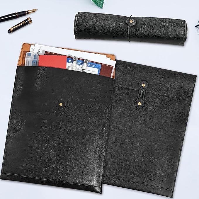 Black PU Leather File Folder for Documents,Important Document Folder with String Tie,Laptop Sleeve Notebook Case,Leather File Organizer, A4 Envelopes Filing Folder 3PCS