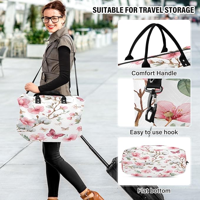 Cotton Peach Blossom Butterfly Pattern Travel Duffle Bag Gym Yoga Carry on Bags for Men Women Weekender Bag
