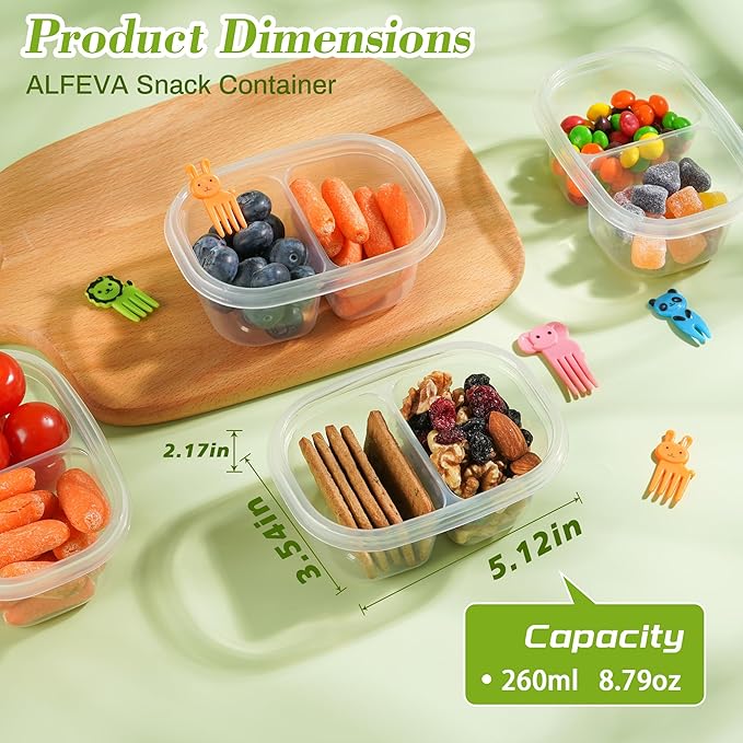 20pcs Snack Containers with Lids,Double Compartment Snack Containers for kids adults, 10 Cute Forks，Bento Box-Lightweight and stackable, Microwave, refrigerator safe (4 Color)