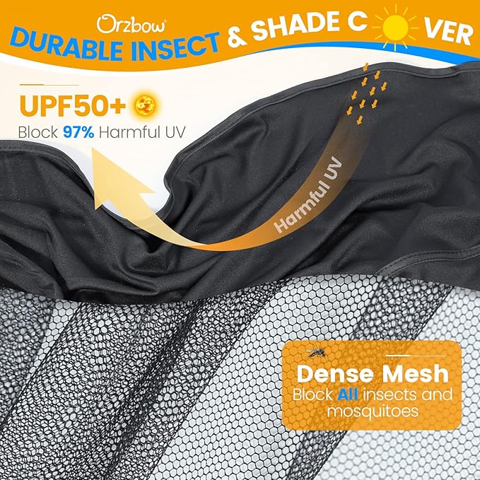 Orzbow Baby Mosquito Net with Sun Shade UPF50+ for Stroller, Universal Stroller Mosquito Netting Privacy Cover with Two-Way Zipper and Storage Bag for Car Seats, Bassinets, Cradles, Mini Cribs, Black