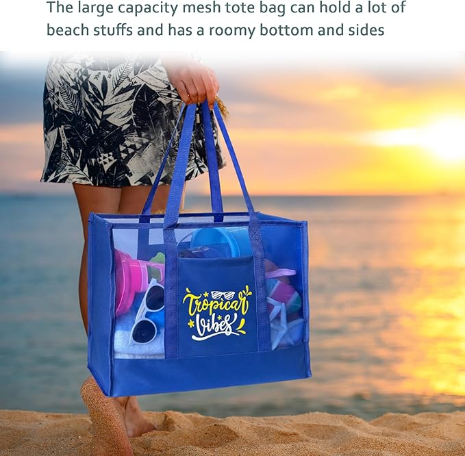Reusable Large Beach Bags With 2 Pockets & Zipper, Lightweight Beach Tote for Poolside, Trip/swim