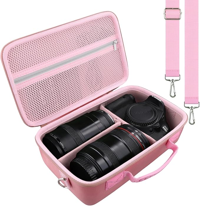khanka Camera Case for Canon EOS Rebel T7/T100/T6/R50/R100/R5/R7/R8/R6 Mark II/SL3 DSLR Camera,Travel Protective Carrying Case for Canon EOS Rebel Camera and 18-55mm/18-45mm Lens(Pink Case Only)
