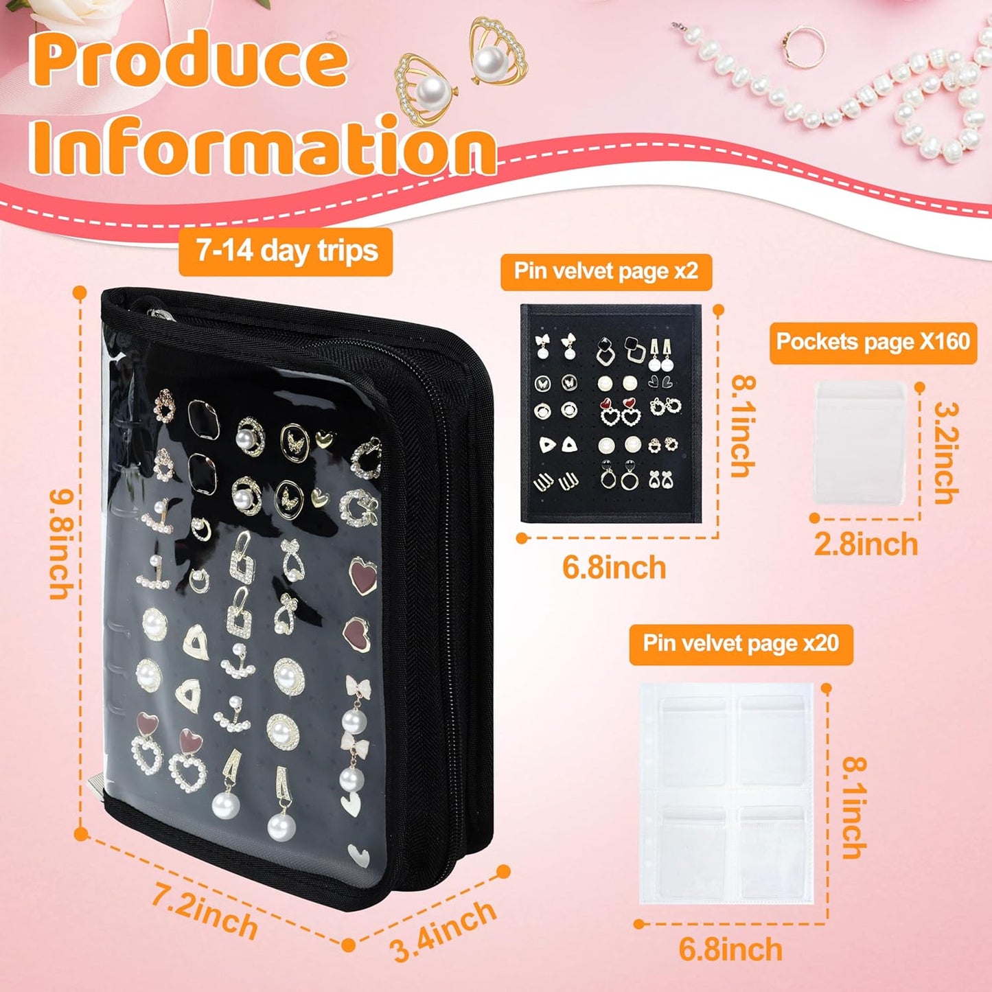 Meneng Earring Travel Case Organizer: Transparent Jewelry Storage Book with 20 PVC Pages + 2 Velvet Sheets - Crush Proof Jewelry Binder for Bloggers