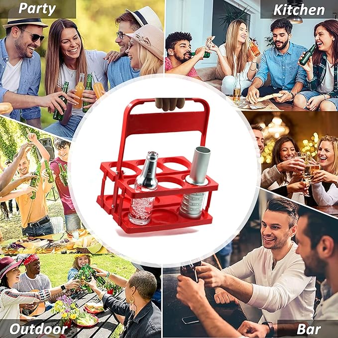 Portable Plastic Drink Carrier,Reusable Red Beer Bottle Coffee Cup Holder,Tea Bottle Drink Caddy for Delivery,6 Holes Cup Holders with Handle for Catering Restaurant Travel Car