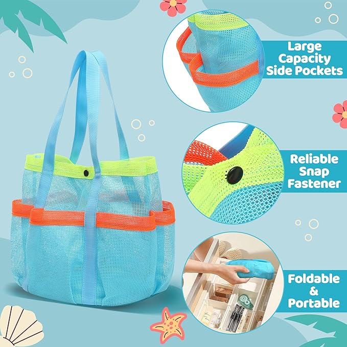 Mesh Beach Bag, Foldable Waterproof Sandproof Beach Storage Tote with 6 Pockets, Swim Tropical Vacation Pool Essential