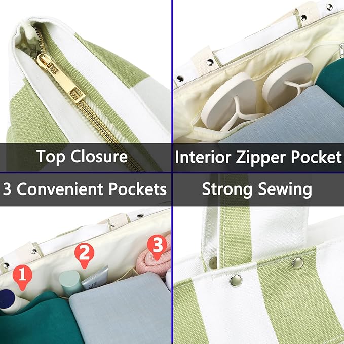Large Canvas Beach Bag for Women, Beach Bags Waterproof Sandproof with Zipper & Wet Bag Cruise Essentials