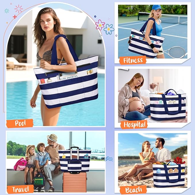 BKNOOU Extra Large Beach Bags Waterproof Sandproof XL Beach Tote Bag for Women Zipper Foldable Swim Pool Bag with Wet Pocket