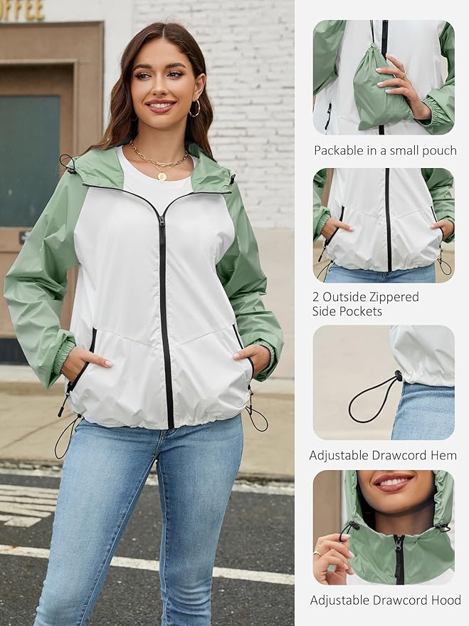 PITINAN Lightweight Rain Jacket Women Packable Wind Breaker Light Rain Jacket Women Waterproof Travel Raincoat S-XXL