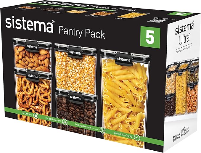 Sistema Tritan Ultra Airtight Pantry & Kitchen Storage Containers, 5-Pack, Clear Stackable Square Food Storage, BPA-Free, Dishwasher & Freezer-Safe (Microwave-Safe Without Lid)
