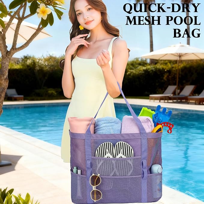Mesh Beach Bag, Large Beach Tote with Zipper Pocket, Toys Pool Bag for Family Travel Vacation Cruise Essentials