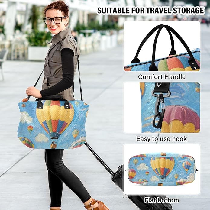 Art Painting Blue Hot Air Balloon Decorative Weekend Bag Sports Gym Bag with Adjustable Strap for Yoga Waterproof bolso de para Hombre