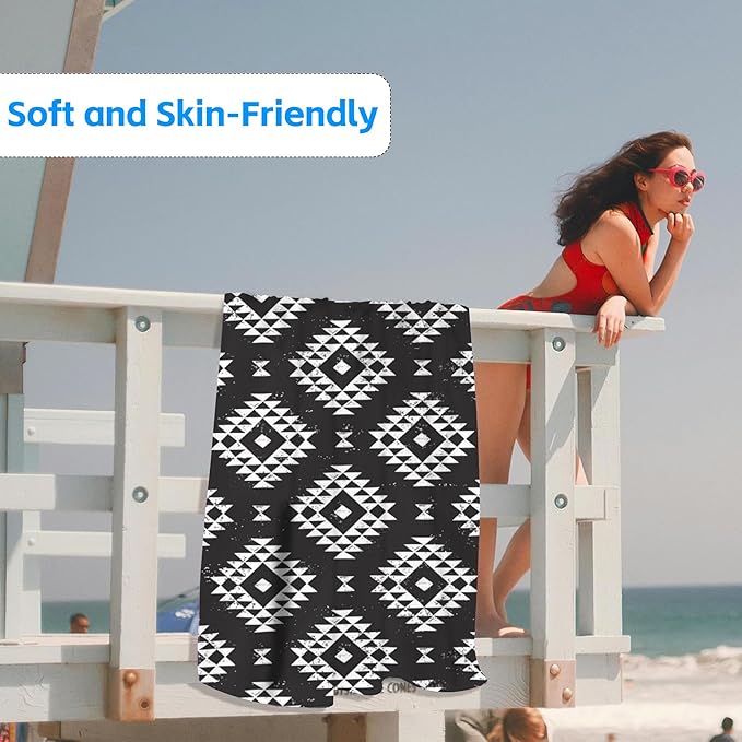 Geometric Microfiber Beach Towels,Tribal Black and White Geometric Oversized Absorbent Bath Towels,Soft Quick Dry Thin Camping Towel for Adults Women Men,29.5"×59"