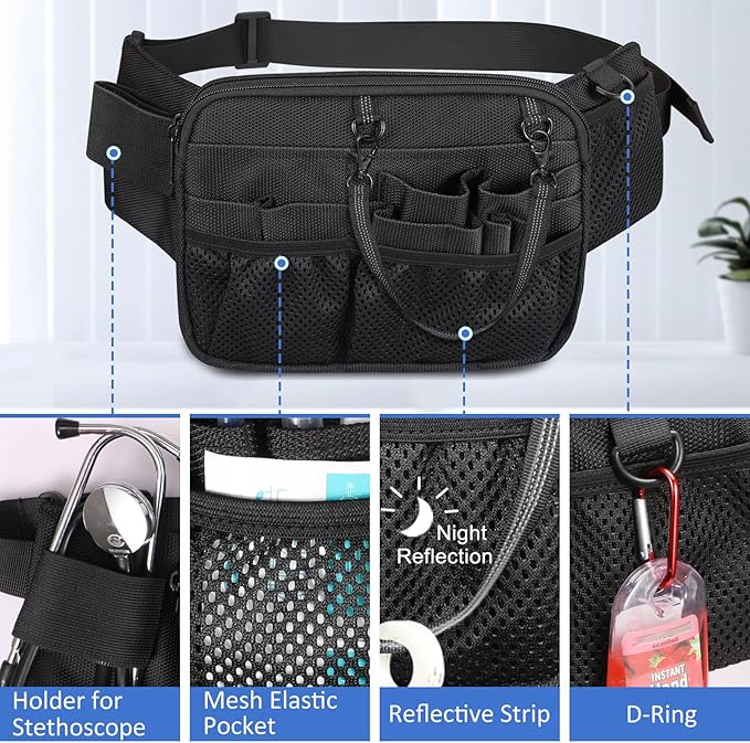 SITHON Nurse Fanny Pack with Tape Holder, Multi Compartment Medical Gear Pocket Nursing Organizer Belt Bag, Apron Hip Bag Utility Waist Pack for Stethoscopes Bandage Scissors Medical Supplies (Black)