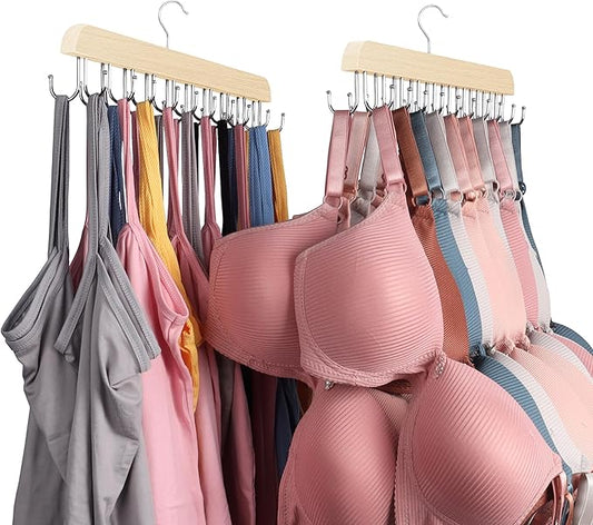 Bra Hangers for Closet Organizer,Tank Top Hanger with 20 Hooks,Space Saving Wooden Adjustable Hangers,Closet Organizers and Storage Suitable for Dorm,Apartments (2, Wood)