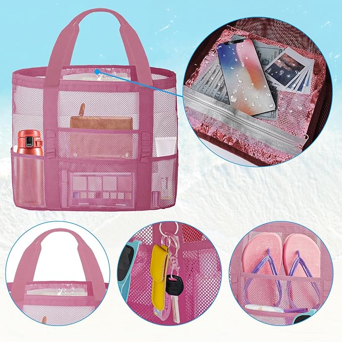 Mesh Beach Bags for Women - Family Beach Tote Bag for Toys, Towels, Travel Vacation Cruise Essentials