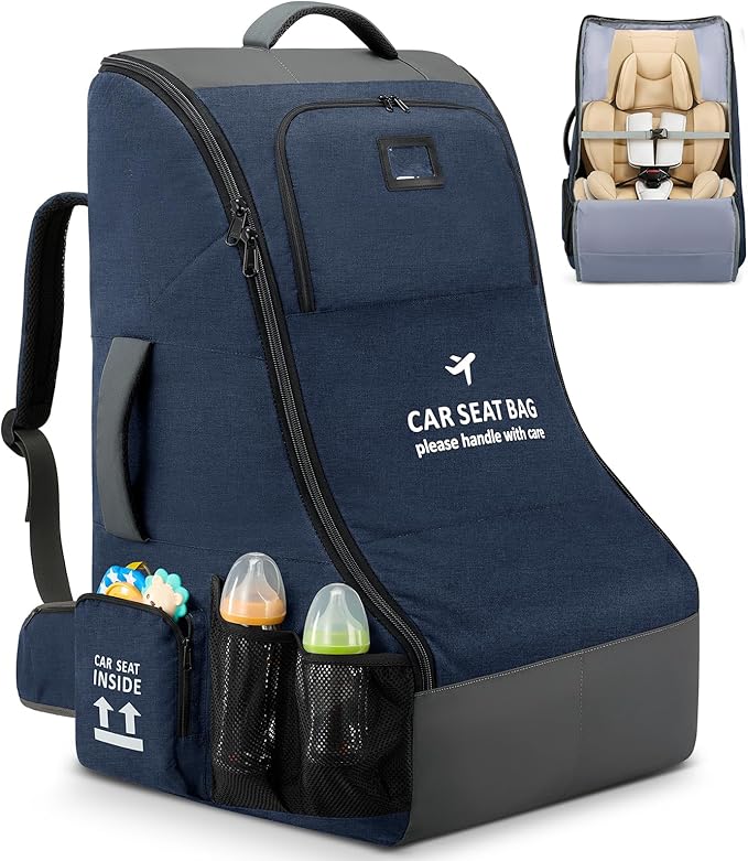 RAINSMORE Car Seat Travel Bag for Airplane Padded Carseat Backpack Heavy-duty Car Seat Cover for Air Travel Infant Car Seat Carrier Bag with Shoulder & Waist Strap, Fits Most Car Seat & Booster Seats