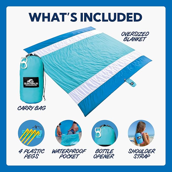 SUN NINJA Sand Proof Beach Blanket - Sand Free Beach Mat, Lightweight & Quick Dry Beach Essentials with Travel Bag, Giant Beach Blanket (10'x9') Perfect for Outdoors, Picnic, Camping & Travel