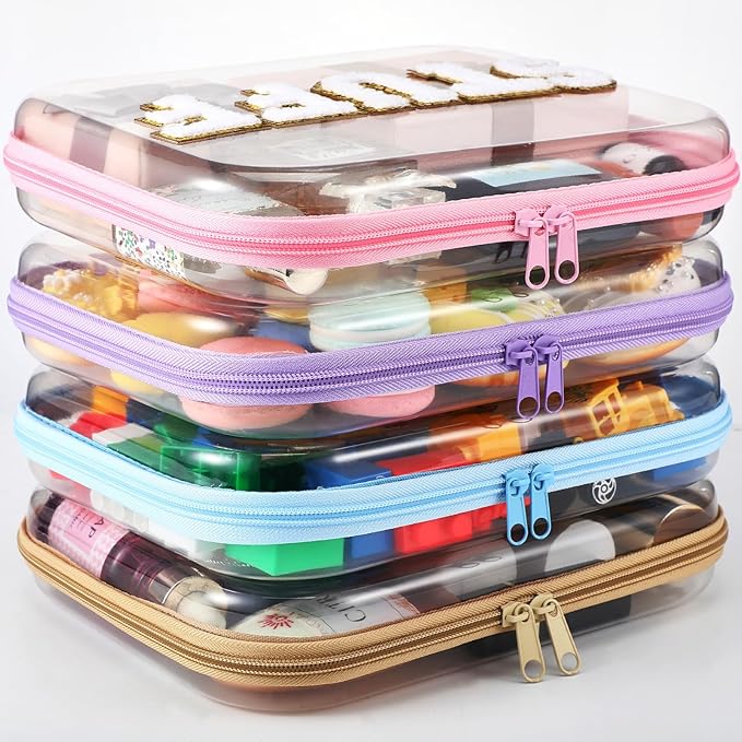 Thinkday 4 Pcs MAMA and BABY Hard Shell Zipper Case Set with Chenille Letters, 9.8 Inch Plastic Zipper Pouch for Travel Organizer, Portable Cosmetic & Snack Storage, Gift for Mom Women, 4 Colors