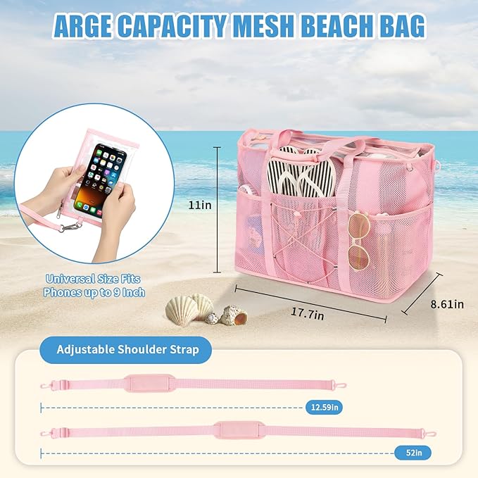 Mesh Beach Bag, Foldable Extra Large Beach Bags with Zipper Pool Bag with Portable Phone Pouch for Vacation Pool