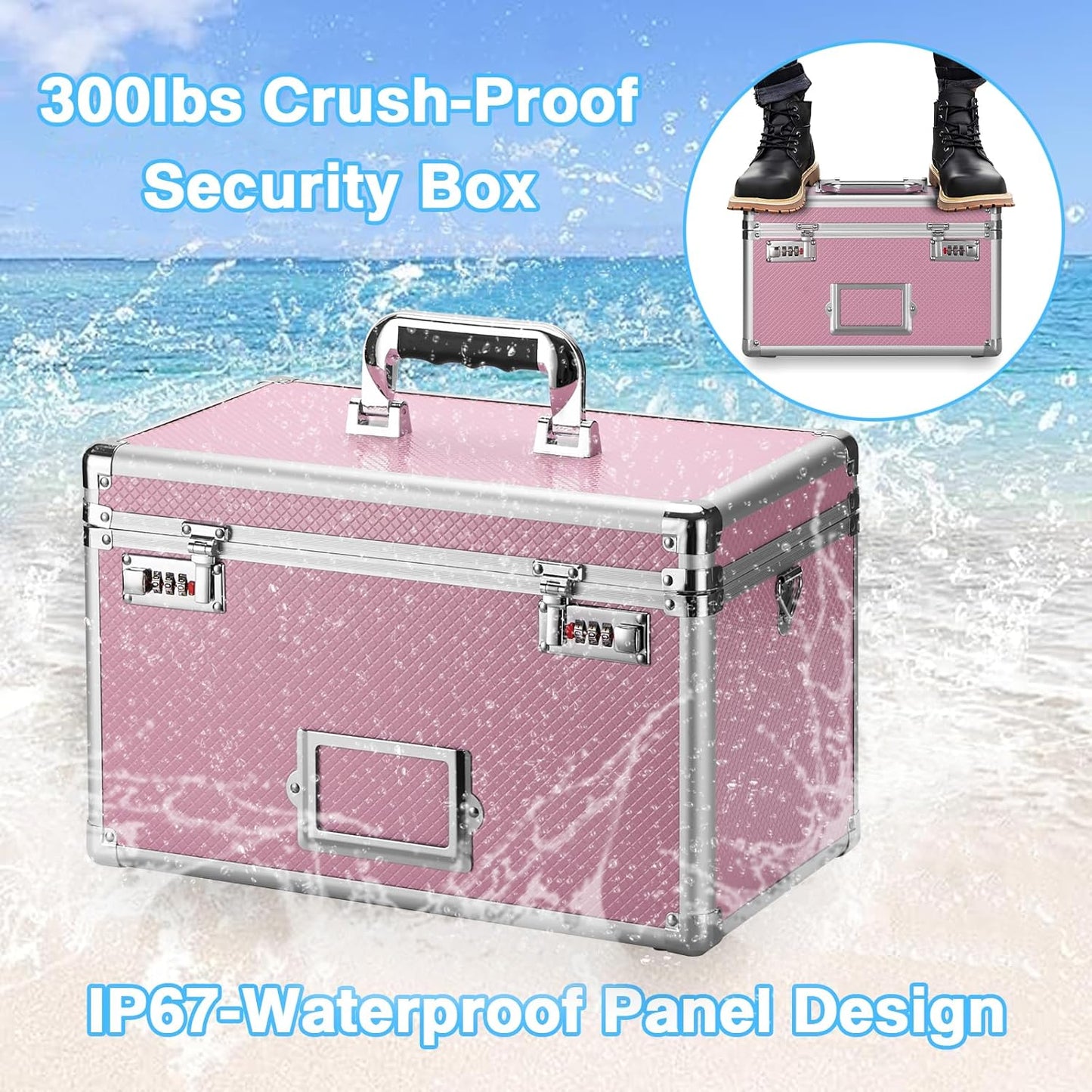 10.2 x 7 x 7.5 Inch Lockable Storage Box with Combination Lock, Portable Safe for Documents, Medicine, Cash & Valuables, Medicine Lock Box with Label Slot for Home, Office & Travel - Pink
