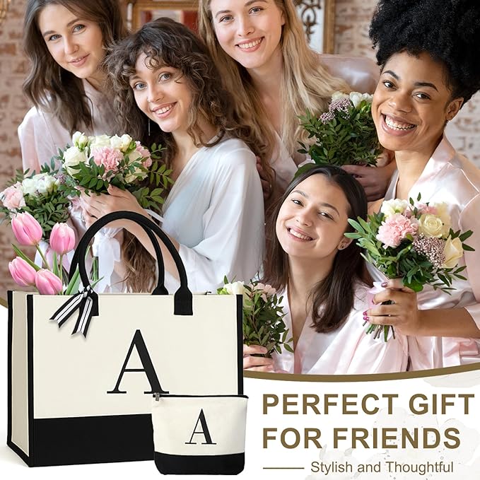 Personalized Canvas Tote Bag for Women Makeup Pouch Initial Beach Bag Removable Bottom Board for Travel Birthday
