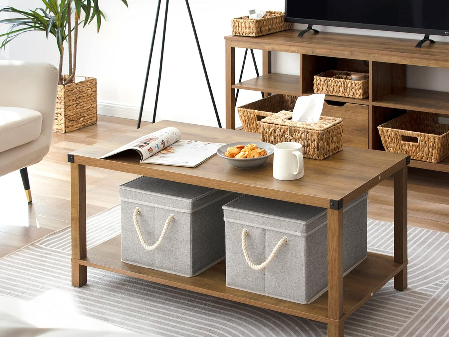 StorageWorks Storage Bins with Lids, Decorative Storage Boxes with Lid and Soft Rope Handles, Foldable Storage Baskets for Closet, Shelves, Stackable, 3-Pack, Gray, Jumbo