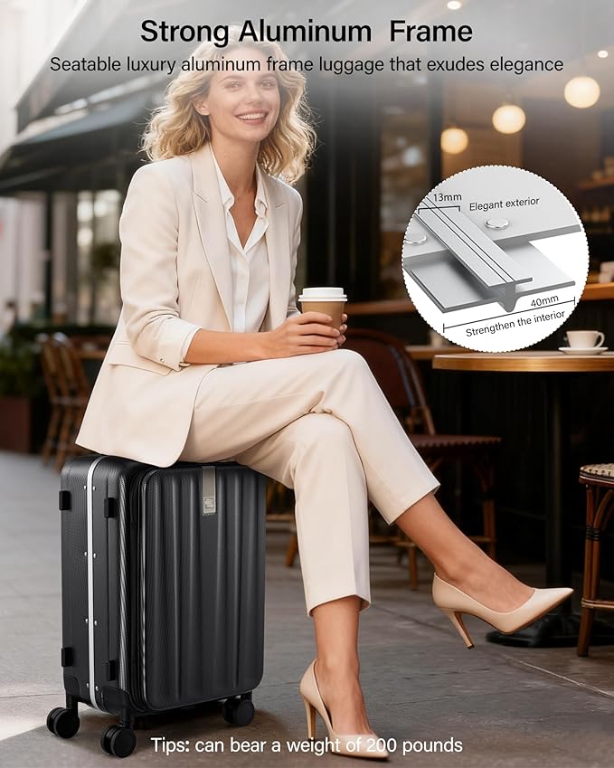 Hanke 24 Inch Checked Luggage PC Hard Shell Suitcases for Travel Front Opening Aluminum Frame Travel Luggage Rolling Suitcase with Wheels.(Jet Black)