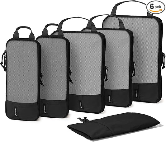(Not Made In China) Compression Packing Cubes For Travel, Suitcase and Luggage Space Saver Organizer Bags, Lightweight, Waterproof, Durable, 6pc Set, Black