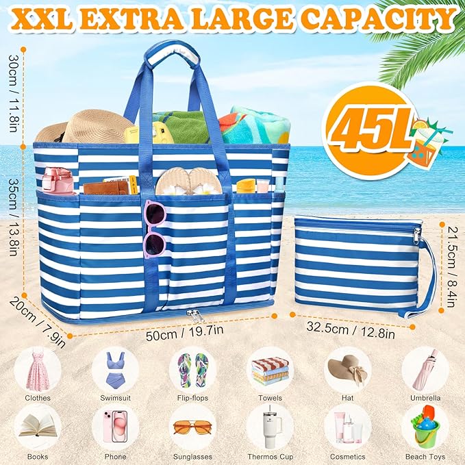 Large Beach Bag with Zipper, 12 Pockets Waterproof Sandproof Pool Bag Womens Mesh Beach Tote Bag for Travel Vacation