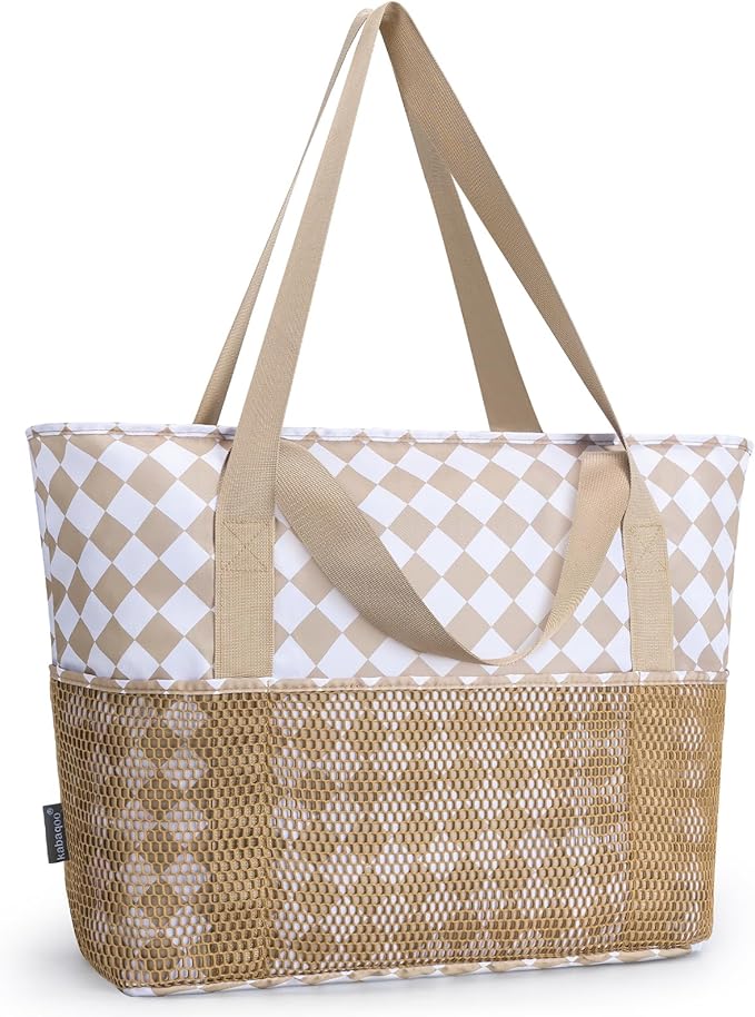 KABAQOO Large Beach Bag Waterproof Sandproof Tote Bag for Women with Zipper & Mesh Pockets for Pool Swim Travel Everyday