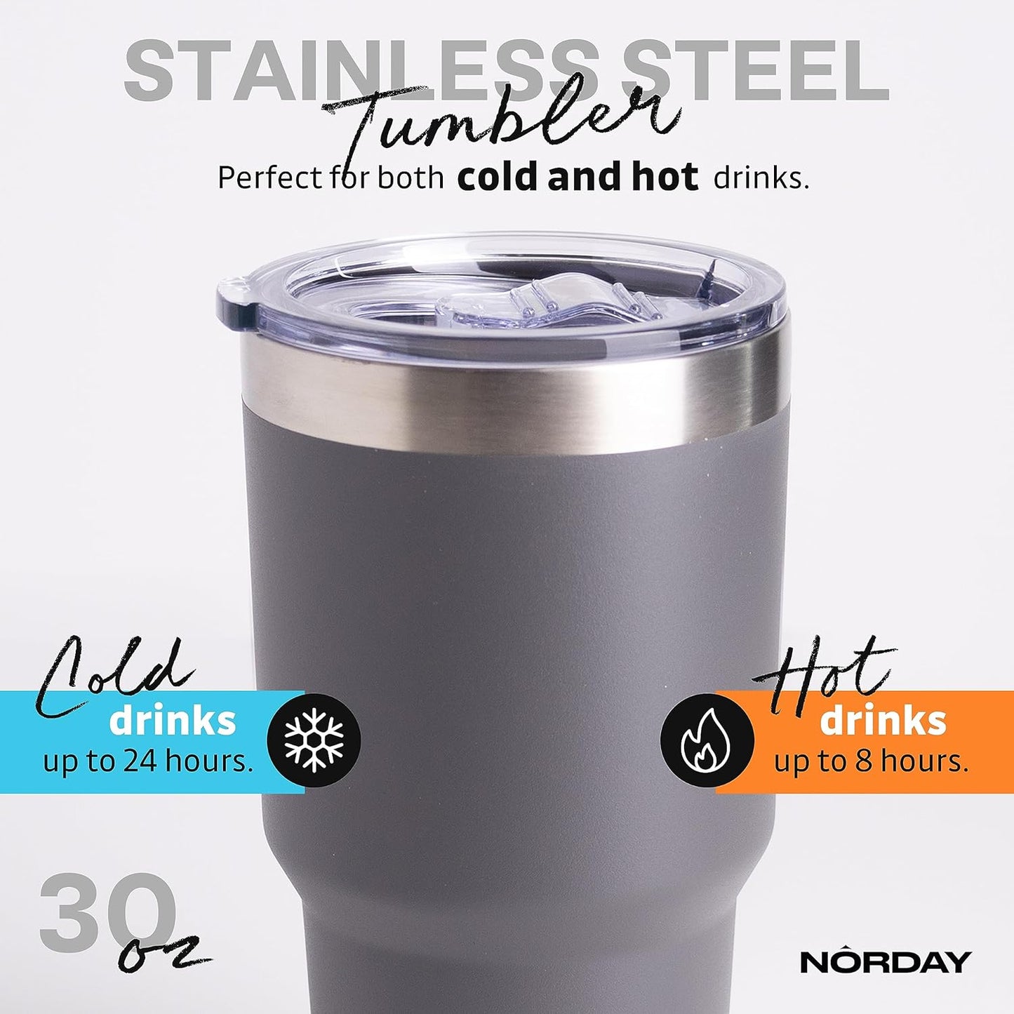 NORDAY | Tumbler with Lid - 30oz - Grey Insulated Tumbler - Stainless Steel Tumblers - Double Wall Vacuum Insulated Travel Coffee Mug for Car Cup Holder - Keeps Temperature for 24hr - Anti Spill Lid