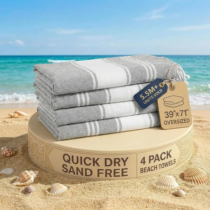 LANE LINEN Turkish Beach Towels Set of 4 - Oversized Beach Towel 39"x71", Durable Sand Proof Towel, Absorbent & Quick Dry, Perfect for Pool or Travel – Alloy