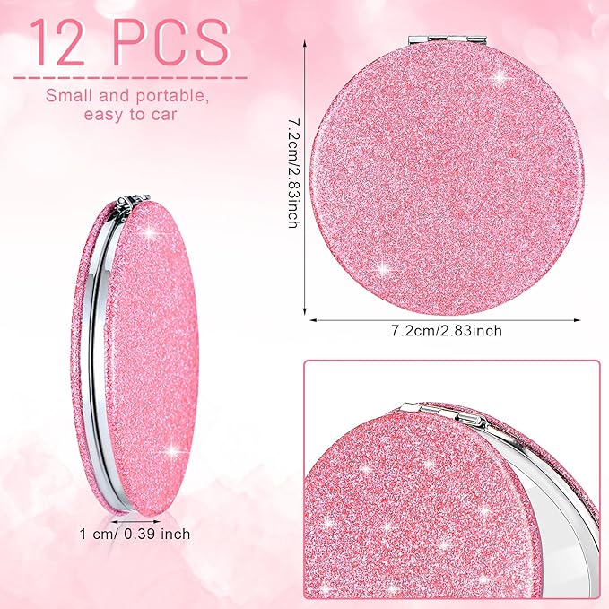 Weysat 12 Pcs Cute Pink Compact Mirrors for Women Galentine's Day, Small Magnifying Travel Makeup Mirror with Glitter, Mini Double-Sided Portable 2x/1x Magnification Folding Pocket, PU Leather, Gift