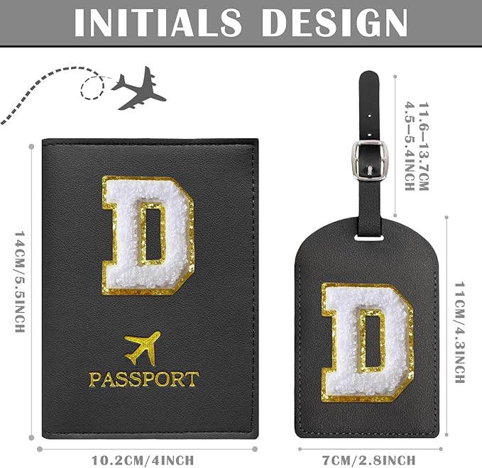COSHAYSOO Black Initial Passport Cover and Luggage Tag Set TSA Approved with Chenille Letter Patch for Women Teenage Girls, Family Travel Passport Holder Bag Suitcase Cruise Ships Identifier(D)
