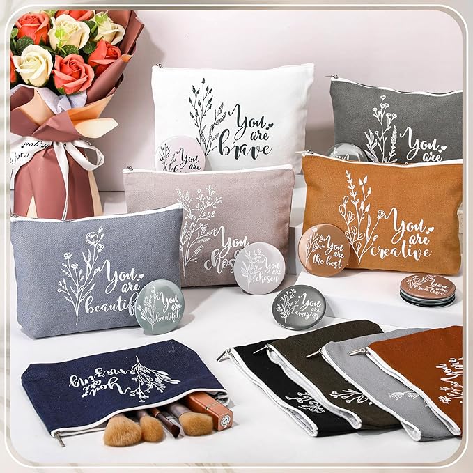 20 Pcs Employee Appreciation Gifts For Women Inspirational Canvas Makeup Bags Portable Compact Mirror Bulk Cosmetic Bags Thank You Gifts for Social Worker Coworkers (Bohemian,Boho)