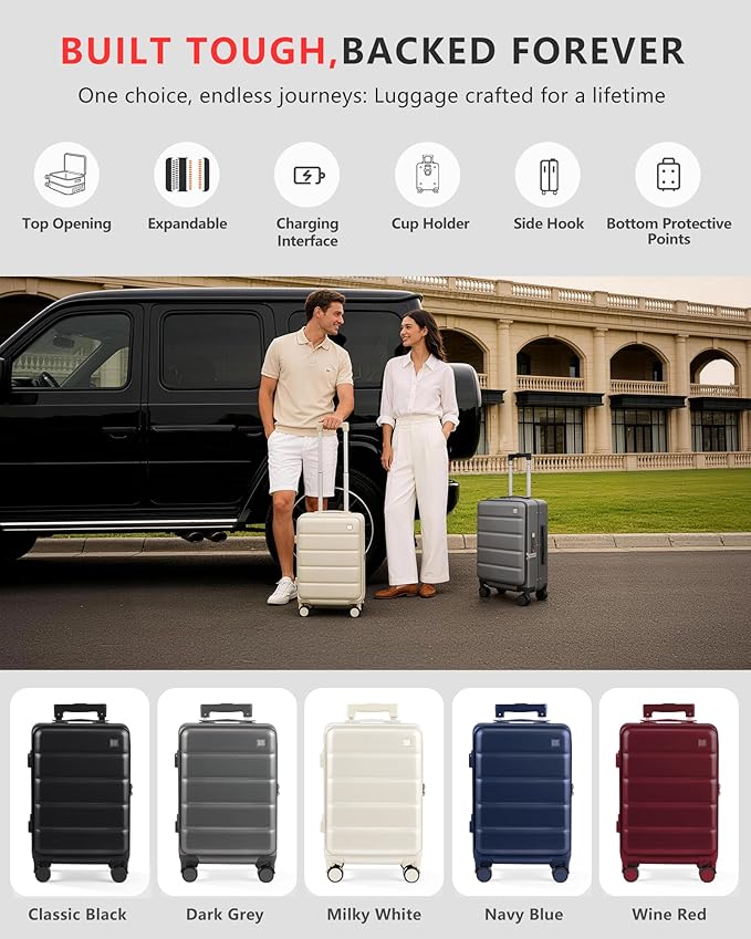 Expandable 20Inch Carry On Luggage Airline Approved - Top Opening Hardside Travel Suitcase Unbreakable -with Cup Holder,USB Charge,Side Pothook, 360°Spinner Wheels, TSA Lock-Navy Blue