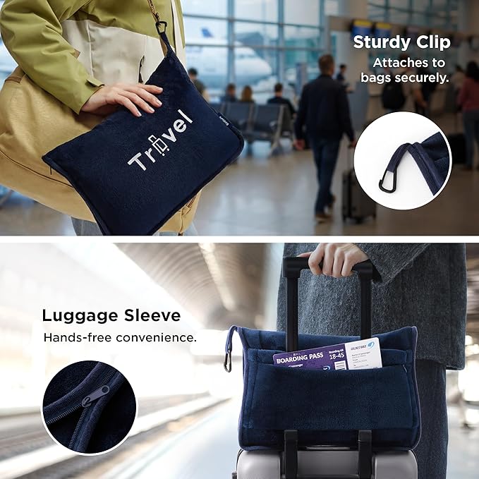 Bedsure Travel Blanket and Pillow Set with Inflatable Neck Pillows, Eye Mask and Storage Bag, Lightweight 3-in-1 Airplane Packable Blanket, Compact Travel Essentials, Navy