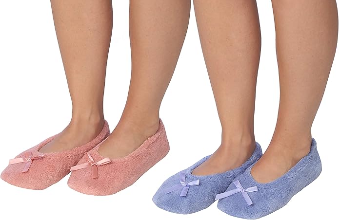 Roxoni Women's Terry Classic Cotton & Velour Ballerina Slippers (Pack of 2)