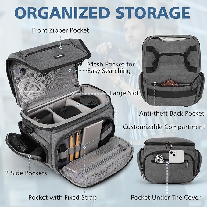 RAINSMORE Camera Bag, DSLR/SLR/Mirrorless Camera Sling Bag for Photographers Waterproof Small Camera Case with Tripod Holder & Rain Cover Camera Crossbody Bag for Canon/Nikon/Sony/Fuji, Grey