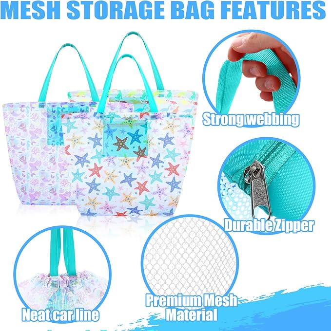 3 Pcs Mesh Beach Bags Portable Mesh Shower Beach Toy Bag With Drawstring Extra Large Tote Hanging Toiletry Bath Organizer for Camping Swimming Gym Travel