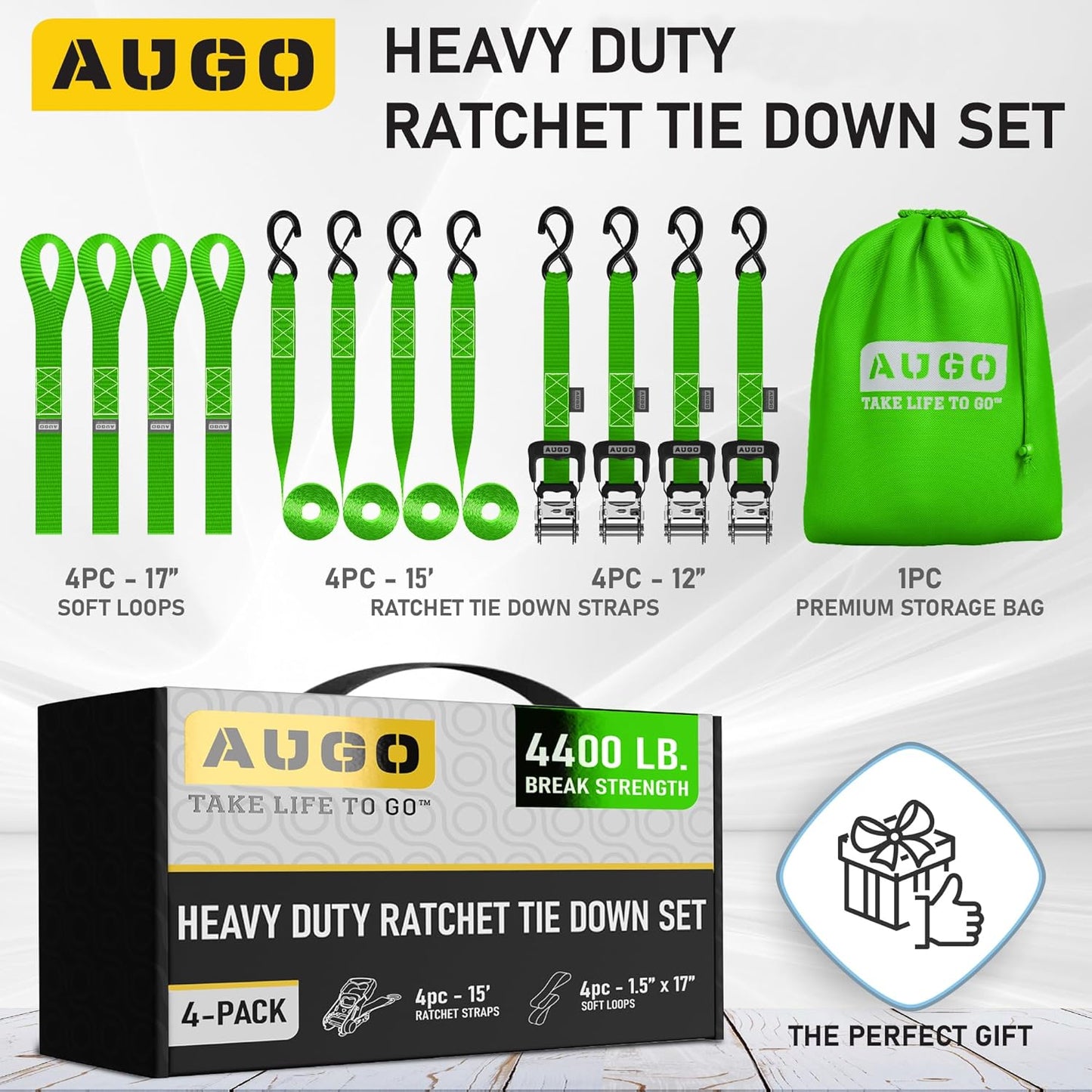 AUGO Heavy Duty Ratchet Straps & Soft Loops – Pack of 4 Extra Strong 1.5” by 15’ Ratchet Straps w/S-Hook Safety Latches & 4 Soft Loop Tie Downs – 4400Lb Break Strength for Motorcycles, ATVs, Etc.