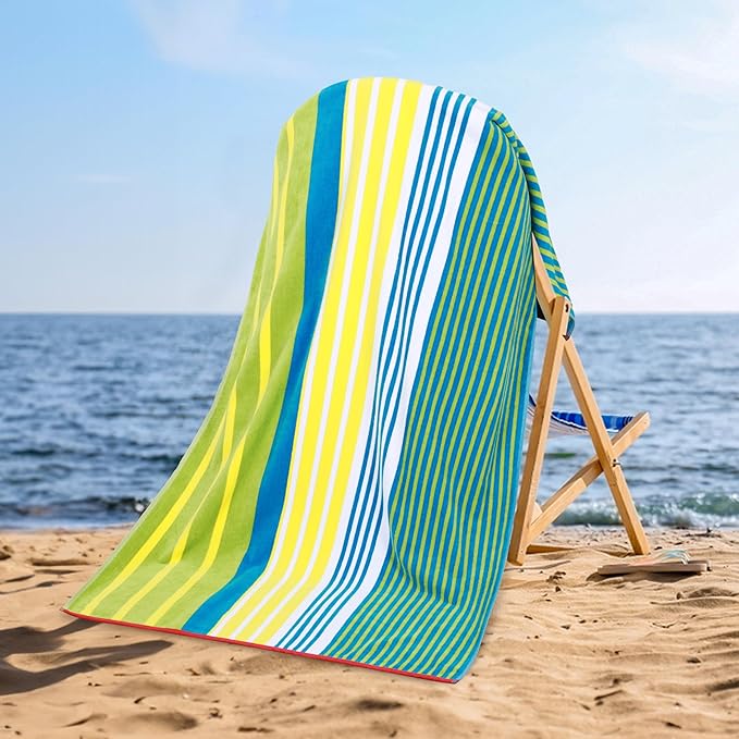 Superior Cotton Beach Towel, Absorbent Oversized Towel for Swimming Pool, Camping, Bathroom, Shower, Large, Quick Drying, Adults, Kids, Colorful, Mira Striped Collection, 68" x 34", Yellow-Green