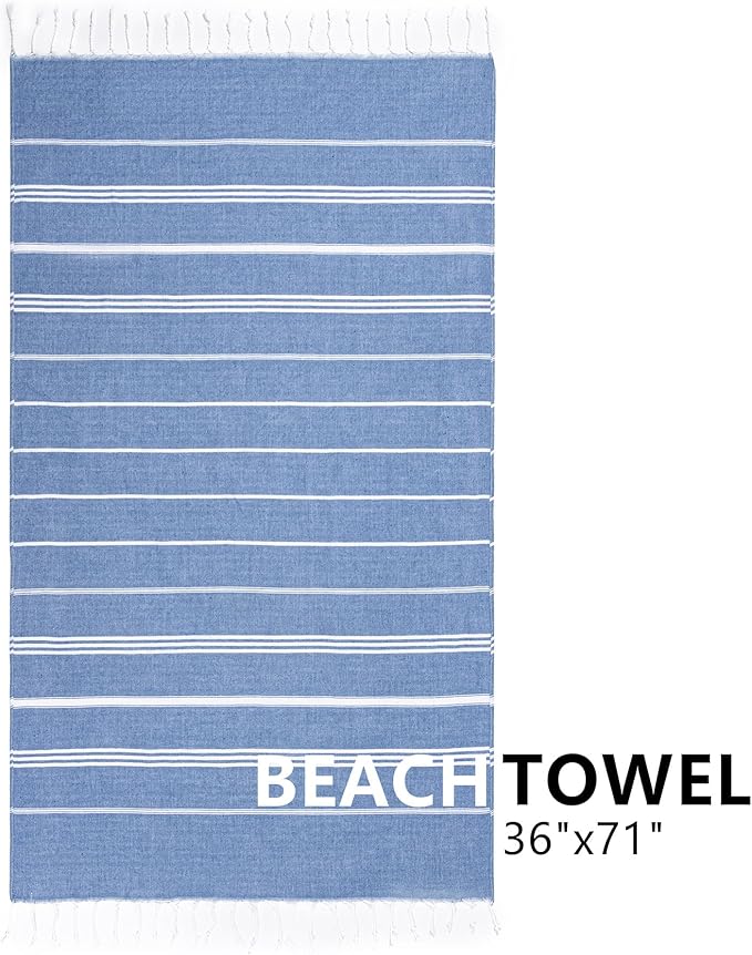 Turkish Beach Towel, 36"x71" Quick Dry Sand Free Oversized Bath Pool Swim Towel, Lightweight Travel Turkish Towels Vacation Essentials, Blue