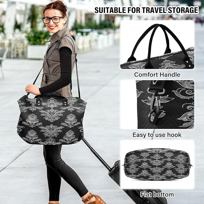 Black Damask Baroque Floral Travel Duffle Bag Gym Yoga Carry on Bags for Men Women Weekender Bag