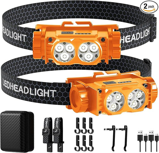 Headlamp Rechargeable 2PCS,4500L Super Bright Light Bright LED Rechargeable Headlight with White Light, Waterproof Head Lamp with Headband for Outdoor Camping, Hiking,Camping Essentials,Working