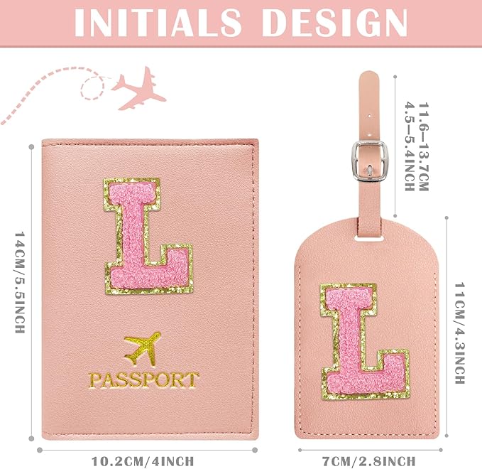 COSHAYSOO Initial Passport Cover Luggage Tag Set Letter Passport Holder Airplane Cruise Travel Essentials Vacation Traveling Accessories Personalized Gifts for Women Teen College Girls Pink L
