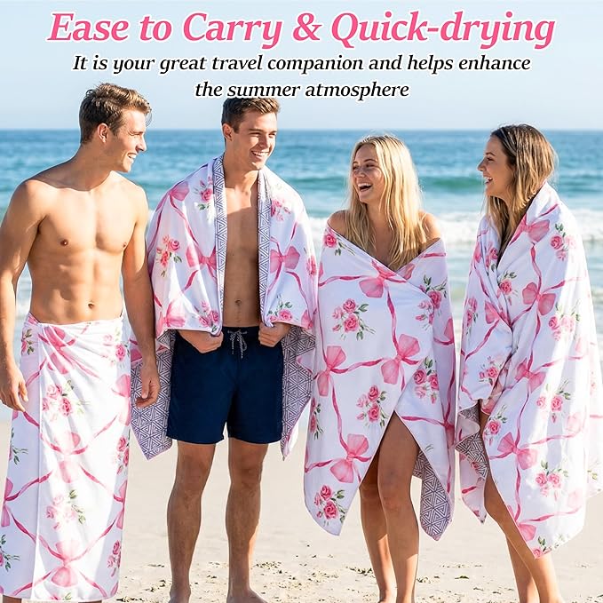 Pink Bow Oversized Beach Towel - Rose Flower Sand Free Thin Quick Dry Absorbent Lightweight Microfiber Towel Beach Accessories for Girl Women Travel Sport Swimming Pool Bath Camping Vacation Essential