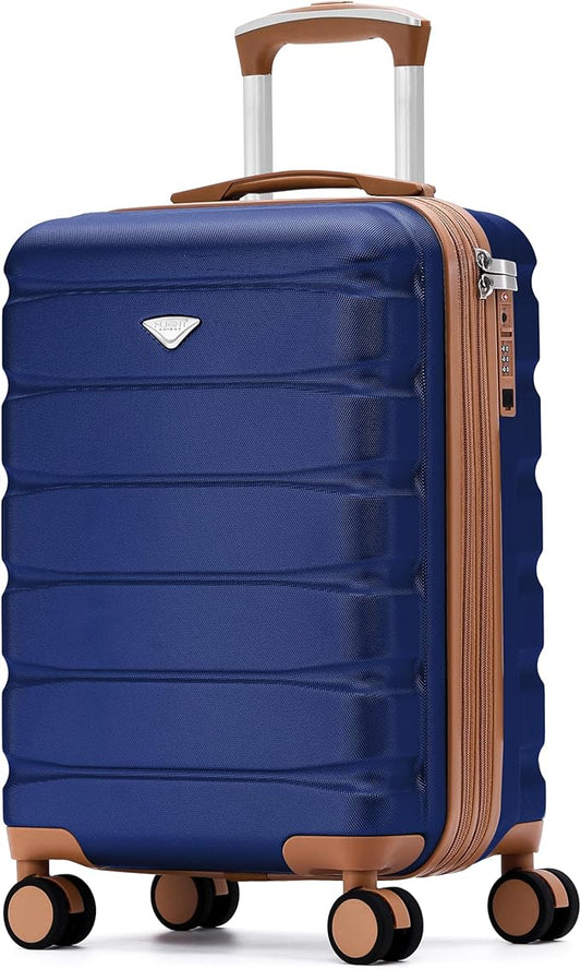 Flight Knight 21.5x15.5x9 Expandable Carry On Suitcase Hardside TSA Lock & USB C Port Lightweight Luggage Silent Double Spinner Wheels Maximum Canada Air Overhead Bag Airlines Approved Navy/Tan